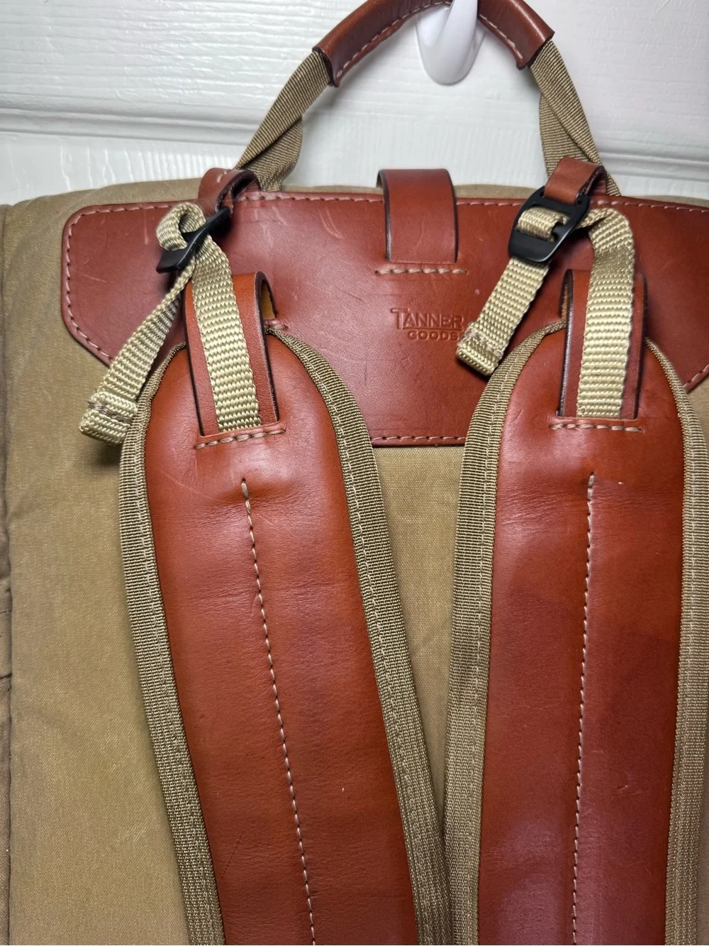 Roll-Top Canvas Backpack for Men — Khaki with Brown Trim